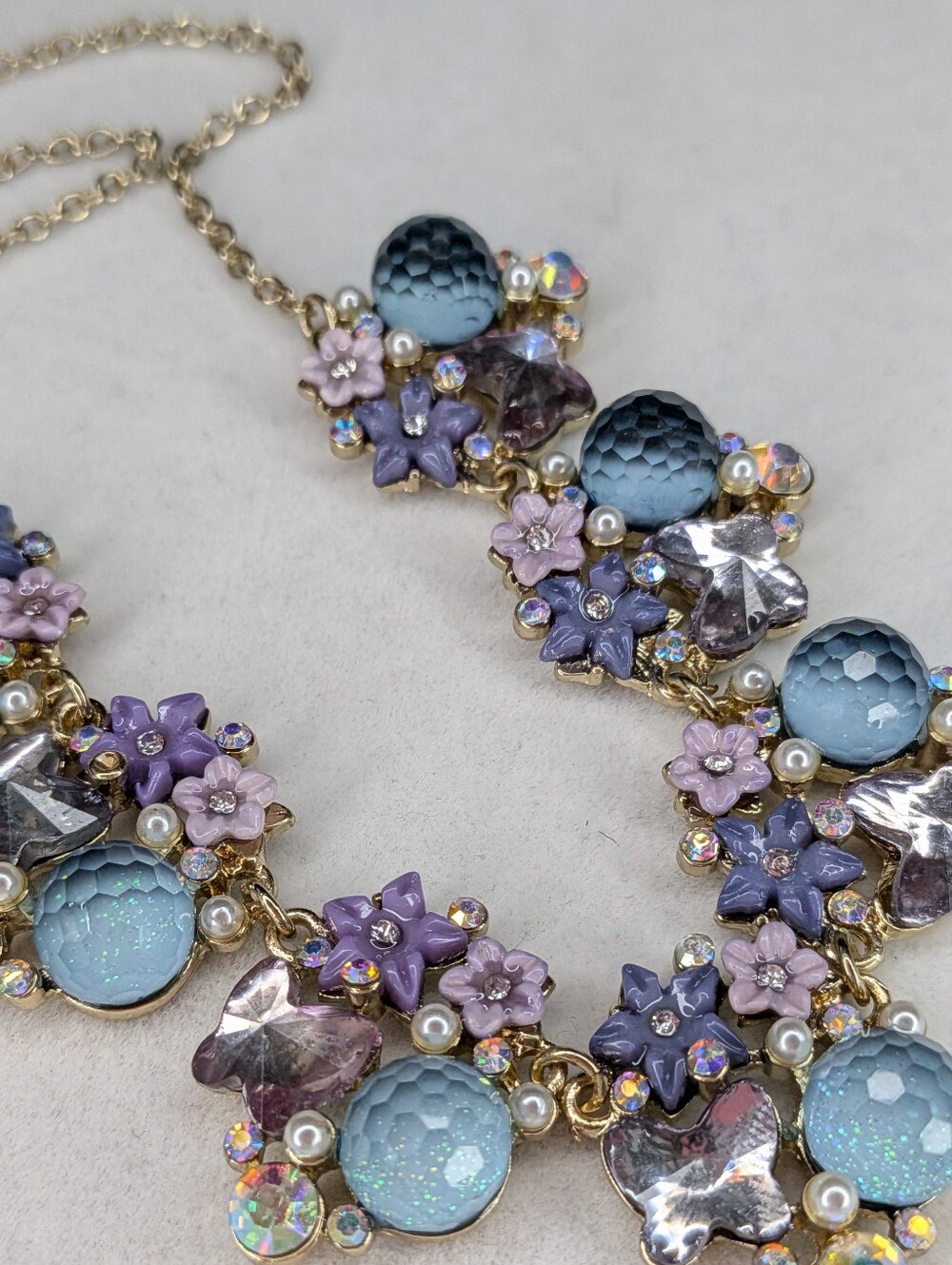 Blue & Lavender Floral Butterfly Statement Necklace | Silver Tone | 18–20"